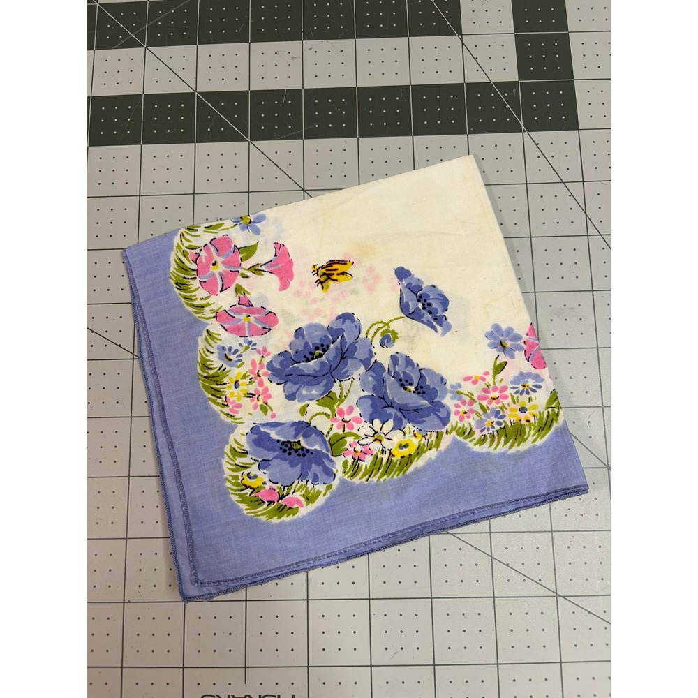 Vintage 1950's 60's Floral Handkerchief Blue Pink Poppies Hibiscus Bees